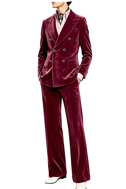 Men's Velvet Suit 2 Piece Double Breasted Peak Lapel Blazer & Straight Leg Pants for Formal & Wedding