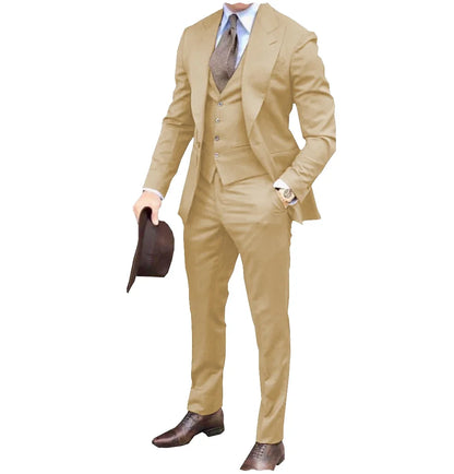 Brown Classic Men Suit 3 Pieces Tuxedo Peak Lapel Groomsmen Wedding Suit Set Fashion Men Business Blazer Jacket+Pants+Vest