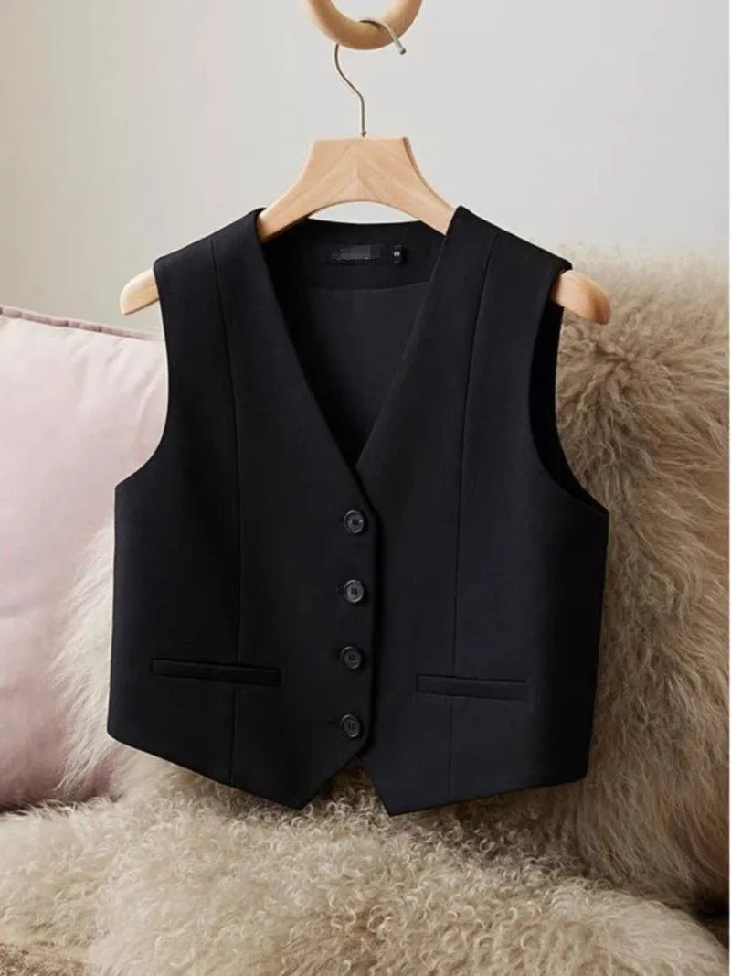 Women Fashion White Black Suit Vest New Short Style Sleeveless Jacket Office Lady V-Neck Casual Lined Blazers Vest Waistcoat