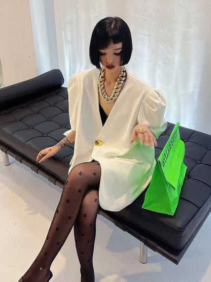 Loose Fit One Button Bubble Sve V Ne Women's Suiting Top Korean Design Summer Casual Versatile Faion Polyester