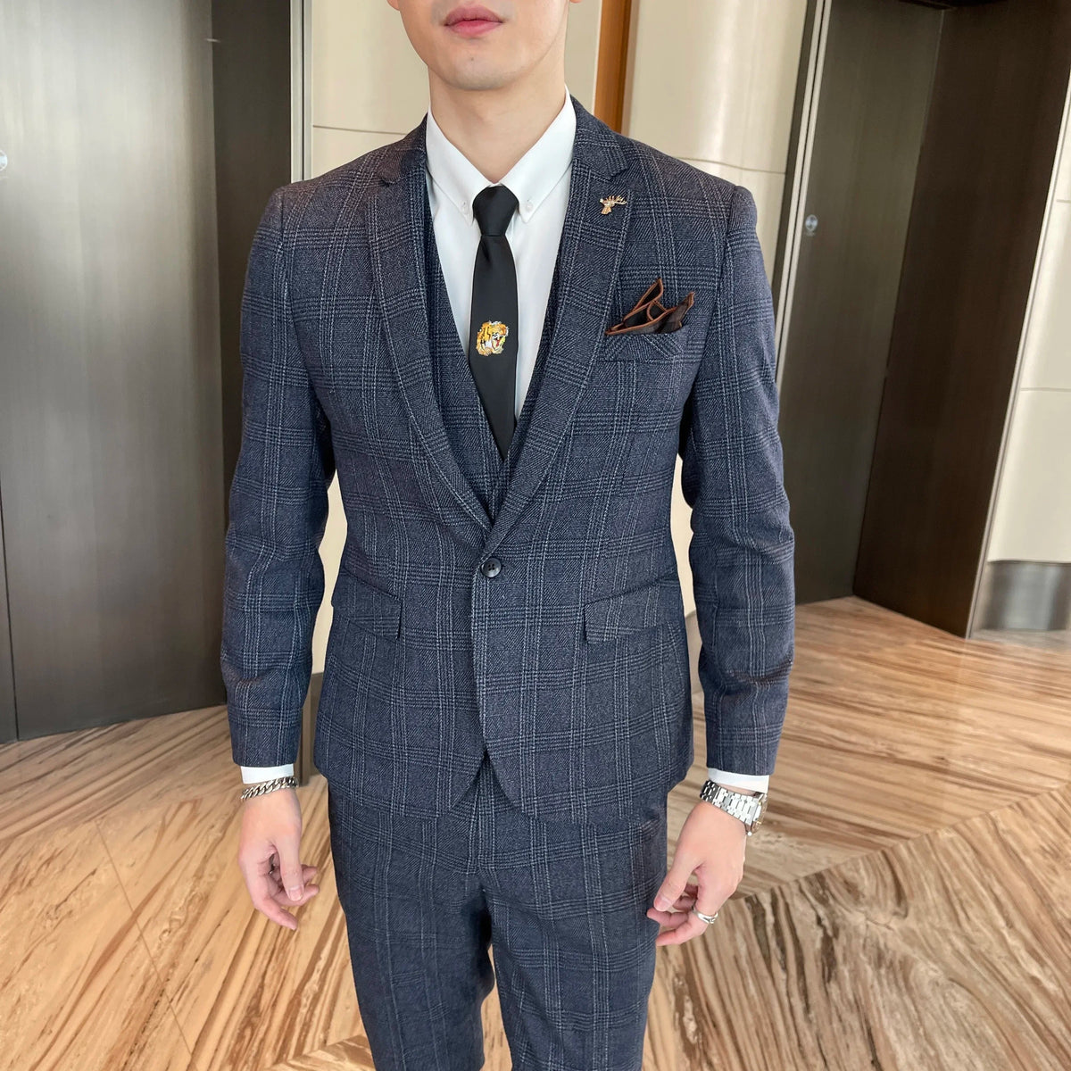 Ensemble costume trois pièces à carreaux modifié de haute qualité de style coréen britannique pour hommes - Gilet et pantalon de costume décontracté élégant
