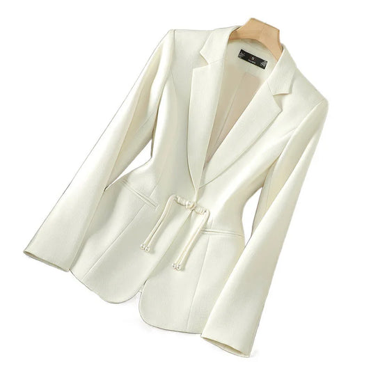 Autumn Winter Chinese Style Formal Ladies Black White Elegant Temperament Slim Blazer Coat Women Long Sleeved Tops Street