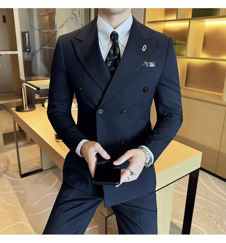 Korean Slim Fitt Wedding Suit Fashion Striped Double Breasted Suit 3 Piece Set Business Formal Casual Party Prom Host Suits