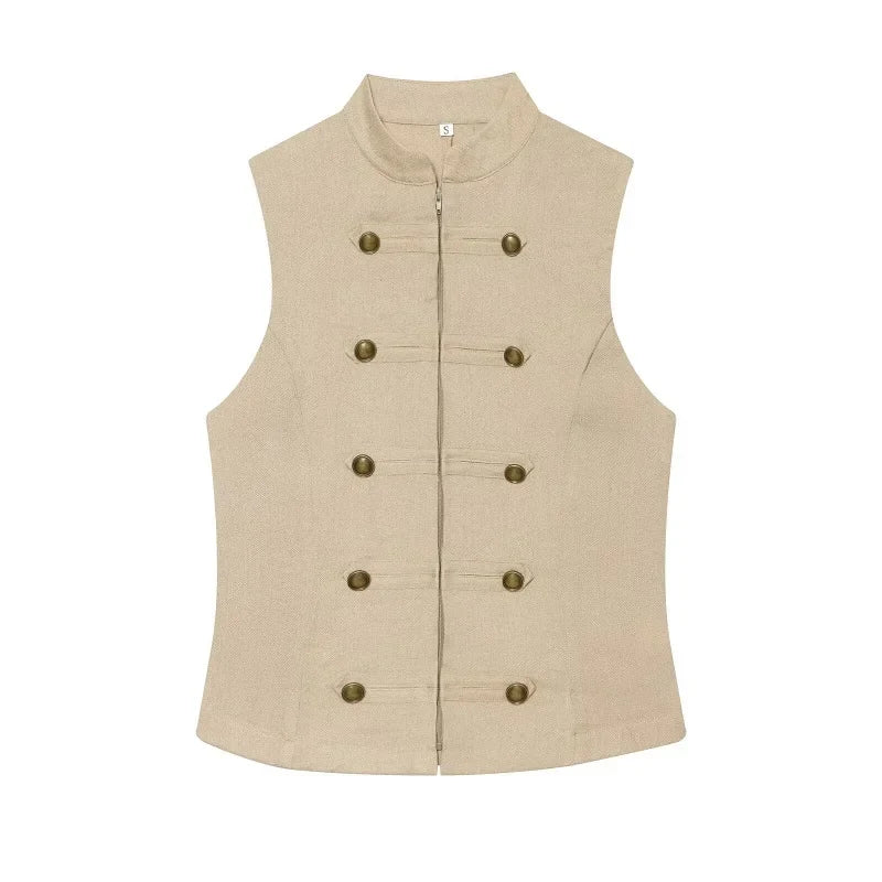 Button Up Vest Tops For Women Sleeveless Office Wear Khaki Crop Black Top Slim Fit Casual Waistcoat Top Zip Up Women’s Tops