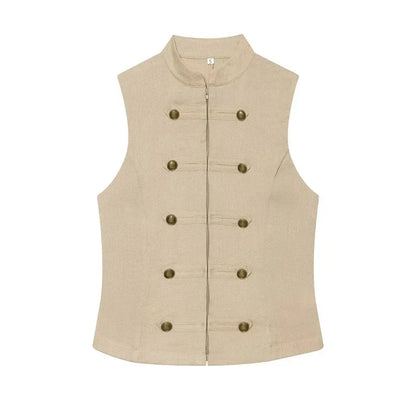 Button Up Vest Tops For Women Sleeveless Office Wear Khaki Crop Black Top Slim Fit Casual Waistcoat Top Zip Up Women’s Tops