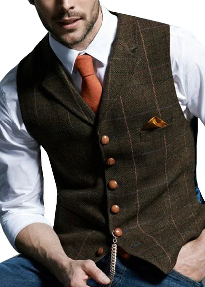 Men's Vest Herringbone Tweed Single Breasted Waistcoat for Business and Wedding