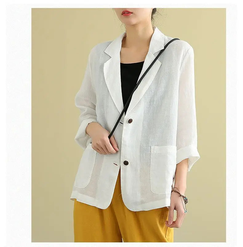 Casual Cotton and Linen Suit Jacket Women 2025 Spring and Summer New Loose solid Long-sleeved Blazer Woman Sunscreen Clothing