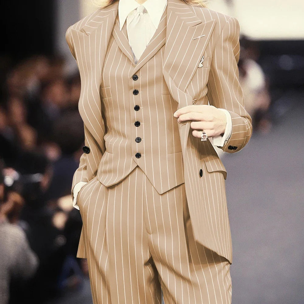 Trending 2025 Brown Striped Women Suit Formal Double-breasted Peaked Lapel 3Pieces (Jacket+Pants+Vest) Business Office Lady Set