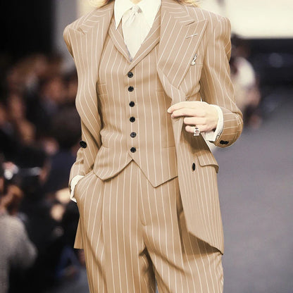 Trending 2025 Brown Striped Women Suit Formal Double-breasted Peaked Lapel 3Pieces (Jacket+Pants+Vest) Business Office Lady Set