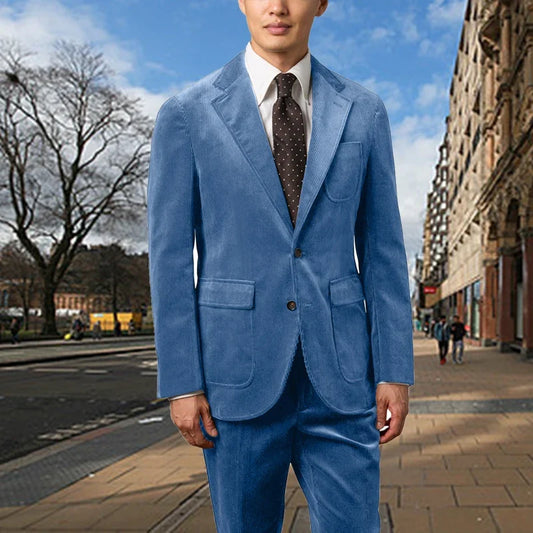 Men's Corduroy 2-Piece Suit – Classic Single Breasted Blazer & Pleated Pants for Wedding & Formal Occasions