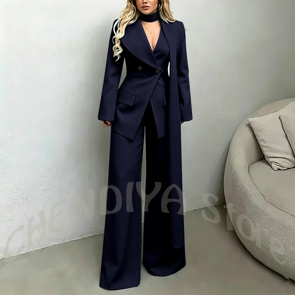 Classic Black Women Suit Set Double Breasted Asymmetrical Blazer Pants with Muffler Formal Office Elegant Two Piece Outfit