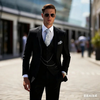 3-Pieces Men's Suit Unique Slim Fit Wedding Lapel Jacket Vest With Pant And Waistcoat Elegant Groomsmen