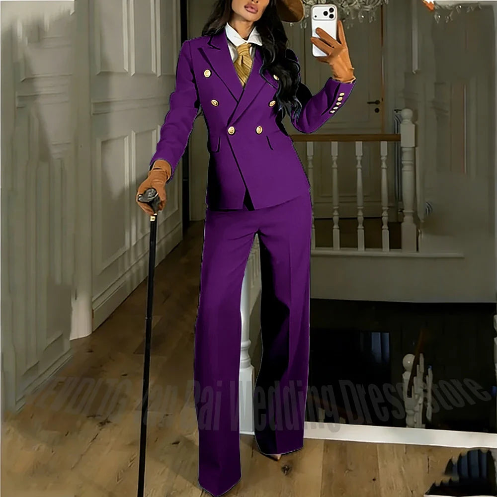 Navy Blue Women's Suit Regular Fitted Customized Peaked Lapel Blazer Professional Outfit(Jacket+Pants) Office Lady Daily Set