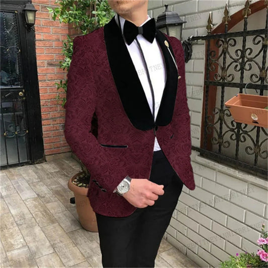 Shawl Lapel Burgundy Jacquard Mens Suits Slim fit Set Custom Blazer Men Bridegroom Wedding Suit Tuxedo Jacket with Pants