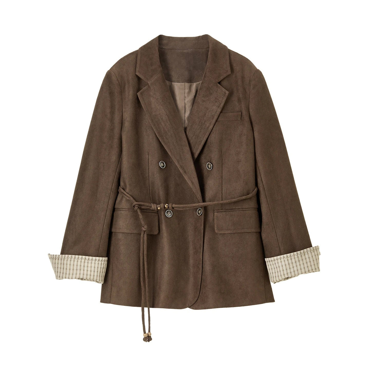 Women's Suede Casual Blazer Notched Lapel Loose Mid Length Outerwear 2026 Autumn New Brown Ladies Coat W63XC8300