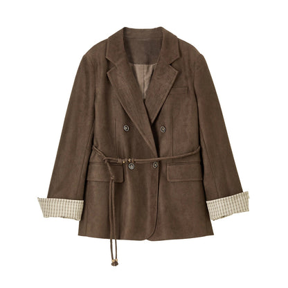 Women's Suede Casual Blazer Notched Lapel Loose Mid Length Outerwear 2026 Autumn New Brown Ladies Coat W63XC8300