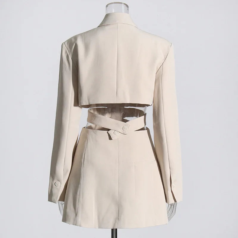 Women's Blazer Elegant Stylish Hollow Out Expose Waist Design Solid Color Patchwork Long-sleeved Slim Fit Suit-Coat HK28002
