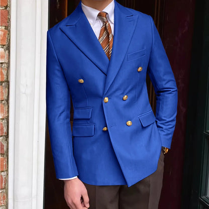 Men's Brown Serge Blazer Double Breasted Peak Lapel Gold Button Slim Fit British Style Fashion Suit Jacket Formal Business Casua