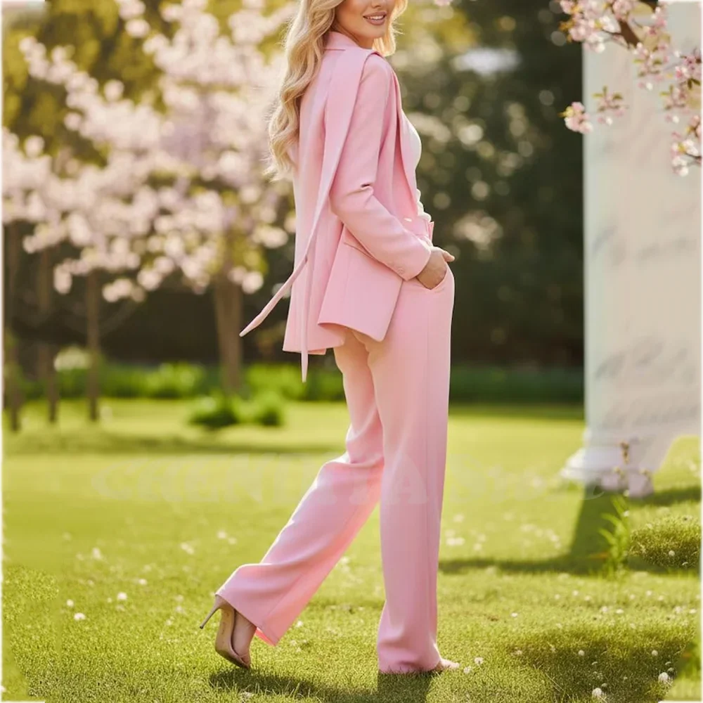 Classy Pink Women Suit Two Piece(Jacket+Pants) Notched Lapel Fashion Clothes with Belt Modern Fashion Daily Casual Outfit