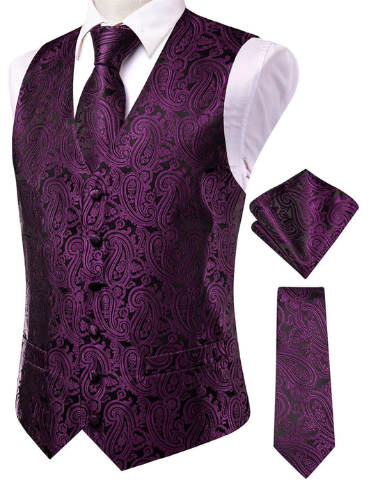 Men's Vest Suit Accessory Set – Double Breasted Waistcoat with Necktie & Pocket Square for Formal Occasions – Purple