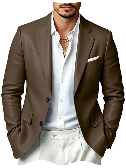 Men's Faux Leather Blazer Slim Fit 2 Button Notched Lapel Suit Jacket Business Formal Leather Sport Coat For Wedding Party
