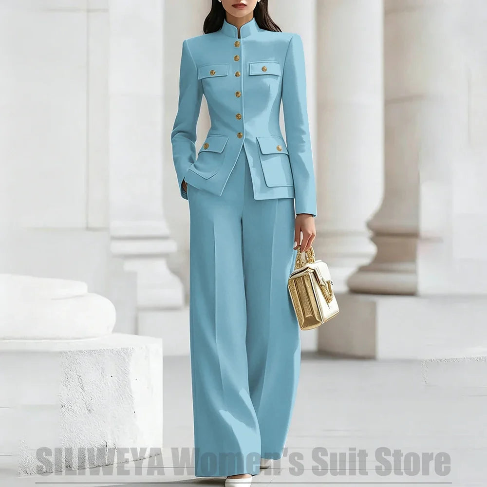 Women's Ivory Suit Mandarin Collar 2 Piece Military Style Gold Buttons Blazer Wide Leg Pants Wedding Party Prom Lady Suits
