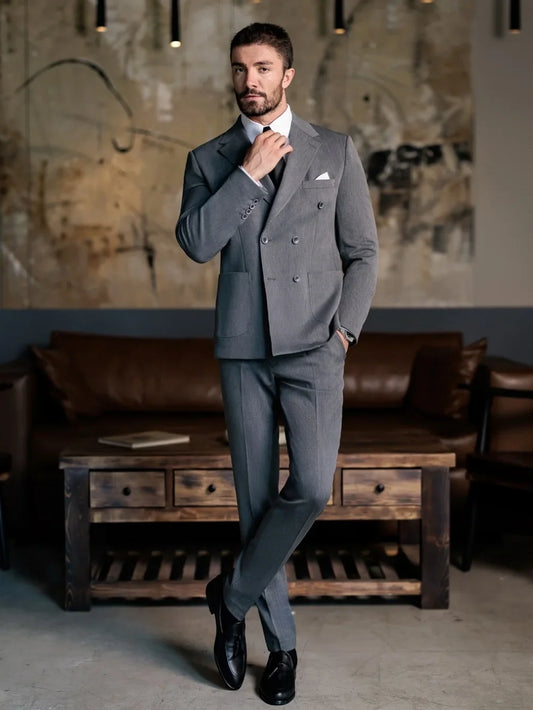New Arrival Man Grey Double Breasted Suits 2 Pieces Business Party Wear Handsome Notched Lapel Men's Tuxedo Wedding Groom Sets