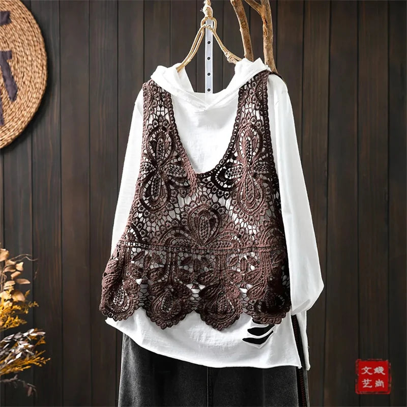 Summer Femme Lace Cotton Lined Vest Spring Women Fashion Knitted Crochet Sleeveless French Lady Hollow-out Sweater Waistcoat Top