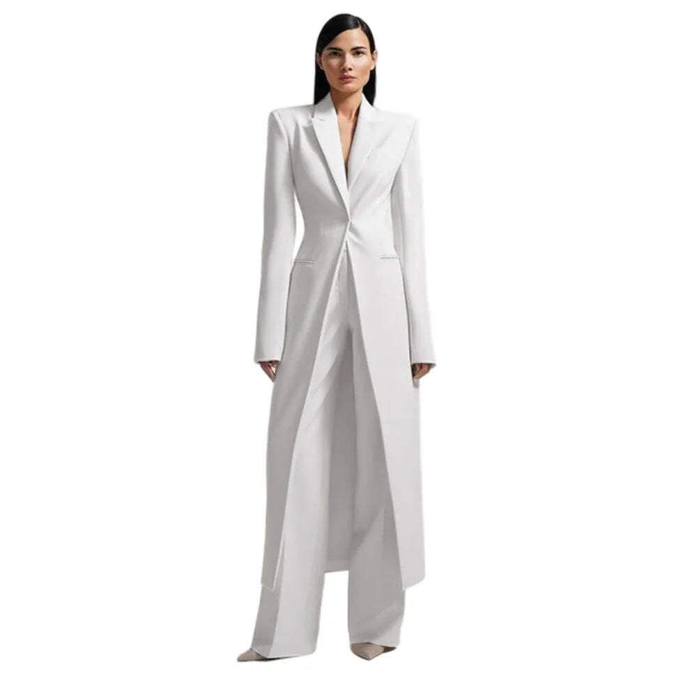 Bright Red Women Long Split Blazer Two Piece Suit Peak Shoulder Lapel Slim Waist Wide Leg Pants Wedding Gala Evening Customized