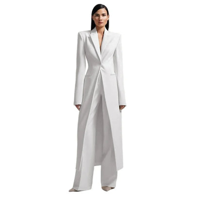 Bright Red Women Long Split Blazer Two Piece Suit Peak Shoulder Lapel Slim Waist Wide Leg Pants Wedding Gala Evening Customized