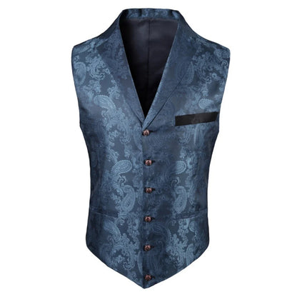 Men's Vest Blue Retro Jacquard Pattern Single Button V-Neck Waistcoat for Wedding & Formal Occasions