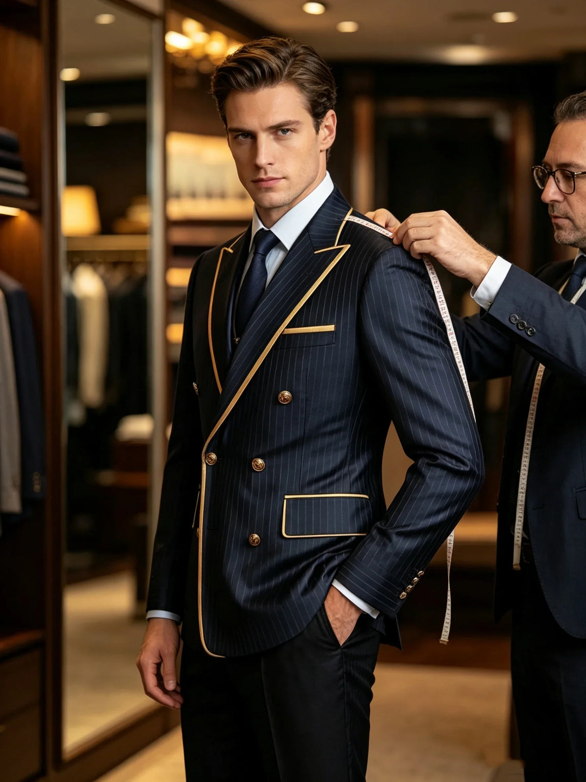 Pinstripe Double Breasted Peak Lapel Mens Suit Jacket Business Slim Fit Gold Trim Striped Coat Formal Wedding Prom Banquet Party