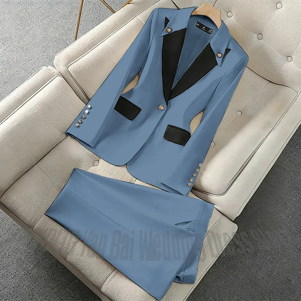 New Unique Women Pant Suit Contrast Color Modern Outfit One-Button Peaked Lapel Casual Fashion Daily Female Clothes Set 2 Piece