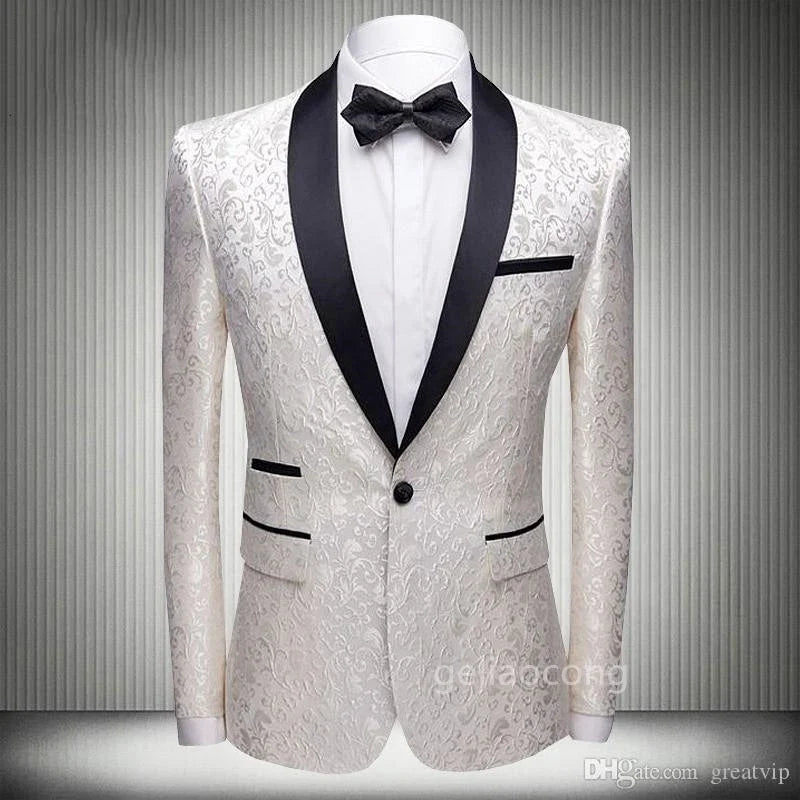 White Jacquard Blazer for Men with Shawl Lapel One Button Dinner Jacket Elegant Slim Fit Suit Jacket One Coat for Wedding Party
