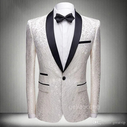 White Jacquard Blazer for Men with Shawl Lapel One Button Dinner Jacket Elegant Slim Fit Suit Jacket One Coat for Wedding Party