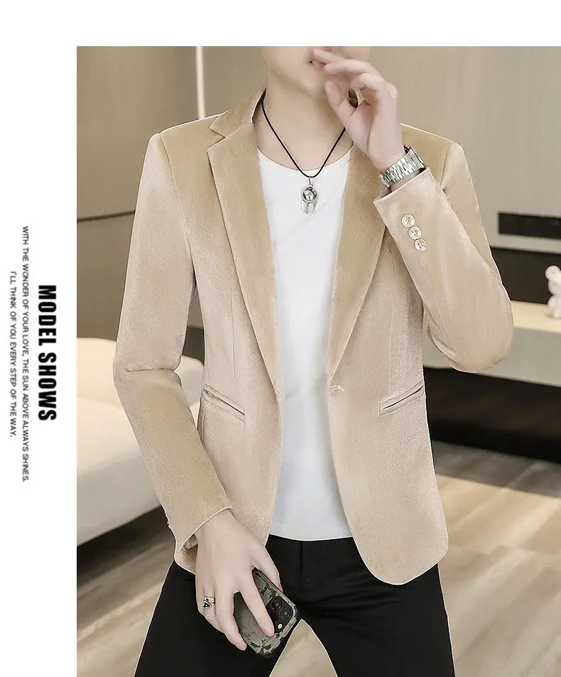 Blazer: An Outdoor Fashion Business Gentleman Wedding Host Slim-fit Casual Korean-style Youthful Men's Golden Velvet Blazer