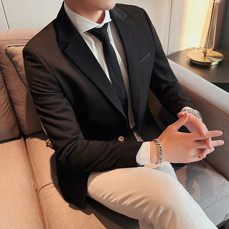 High-Quality Fashionable Men's Slim Fit Business Suit Jacket Autumn Wear Korean Style Pure Color Tweed High-End Feel