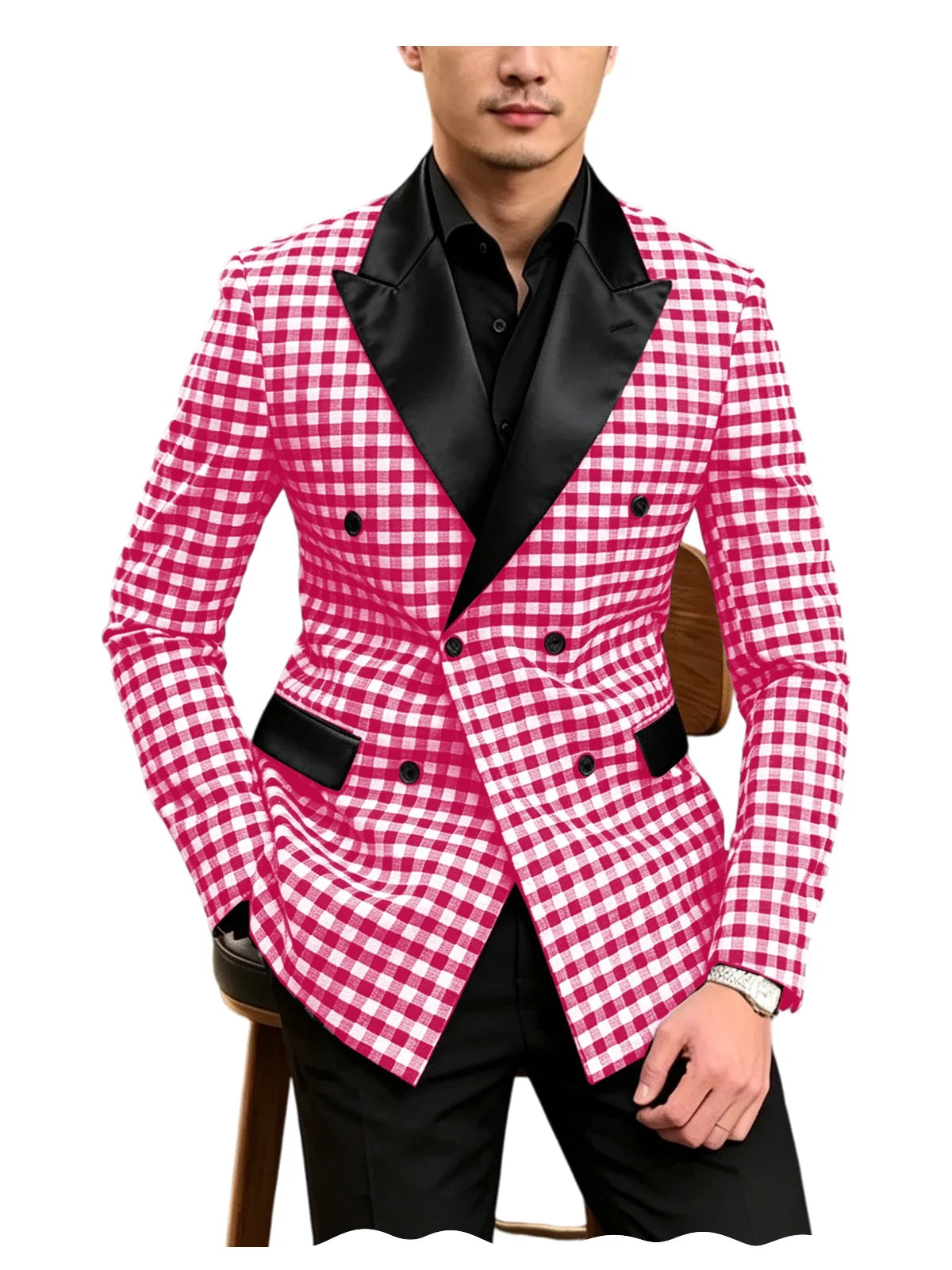 Men's Checkered Double Breasted Blazer Tailored Slim Fit Formal Jacket For Wedding Groom Cocktail Event Prom Dinner Party Coat