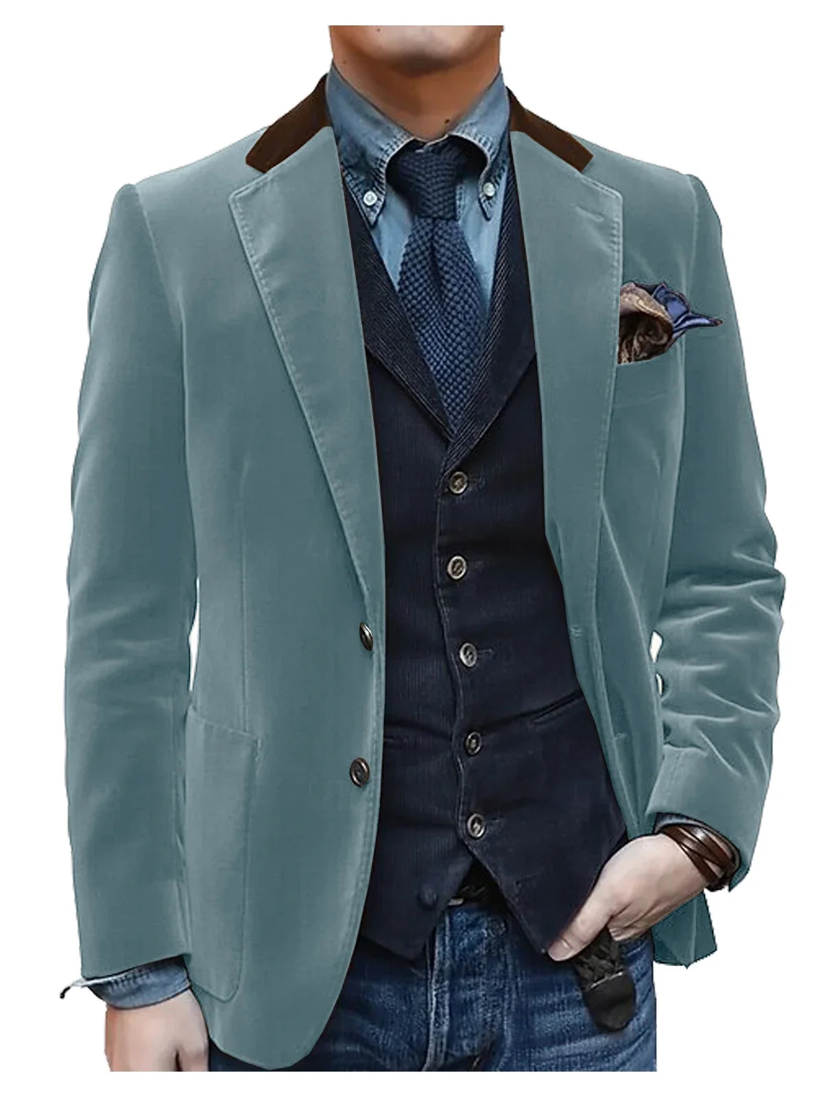 Men Velvet Blazer Contrast Brown Lapel Single Breasted Flap Pockets Smart Casual Business Streetwear Formal Outerwear
