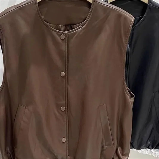 Spring Autumn Ladies Casual PU Leather Sleeveless Outwear Women Round Neck Vest Coat Korean Female Faux Leather Waistcoat Jacket