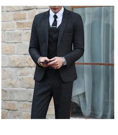 Men's Autumn Winter Trendy Three-Piece Suit Set Slim Fit Stylish Vest Trousers Ensemble Handsome Personality Wardrobe Essential
