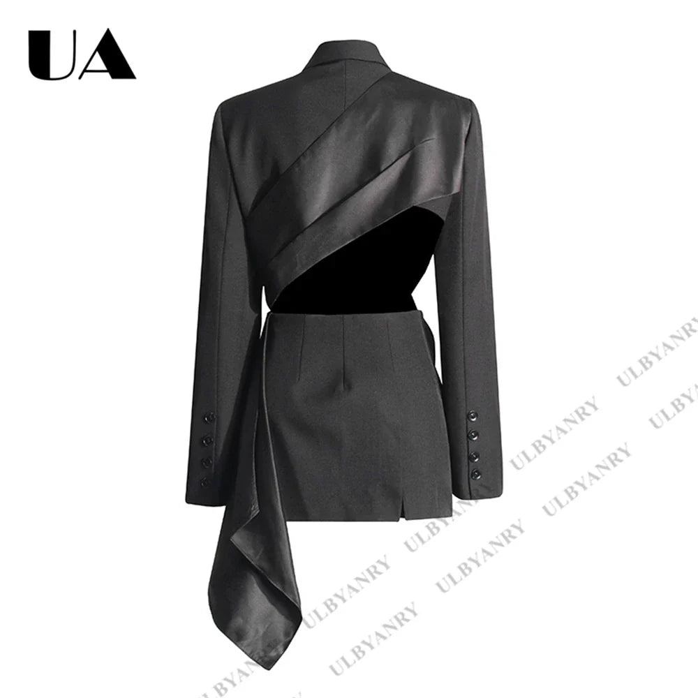 Womens Black Blazer with Satin Ruffle Waist Tie and Peak Lapel Events Gala Birthday Prom Party Suit Attire Slim Fitting