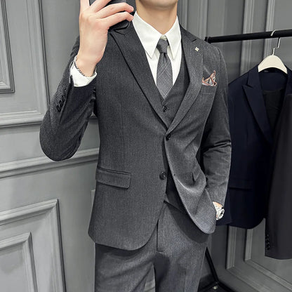 Men's 3 Piece Suit Set Double‑Button Slim Fit Solid Color Business Casual Wedding Party Jacket Vest Pants Formal Outfit for Men