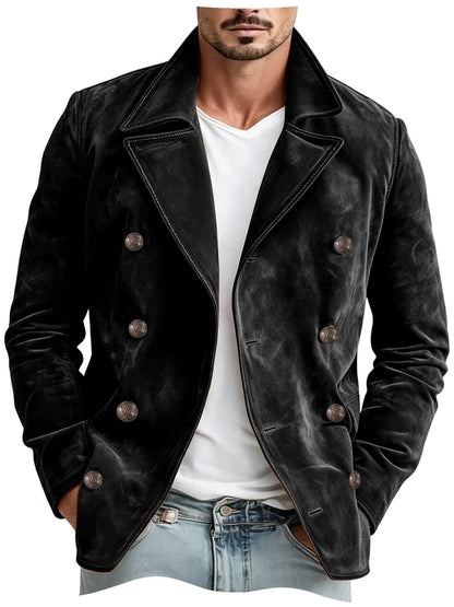 Men Faux Suede Jacket Double Breasted Lapel Collar Casual Blazer Vintage Comfort Business Office Autumn Winter Fashion Male Coat