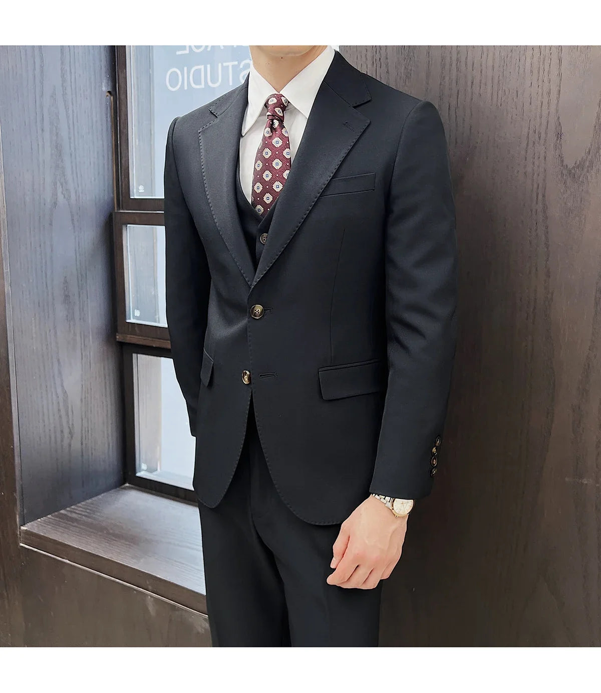 ( Jacket+Vest+Pants ) ltalian Style Luxury High-end Fashion Solid Color Mens Business Slim Suit 3Piece Set Groom Wedding Tuxedo