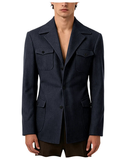 Men's Pinstripe Blazer Slim Fit Notched Lapel Lightweight Breathable Multi Pocket Comfortable Casual Sport Coat For Summer
