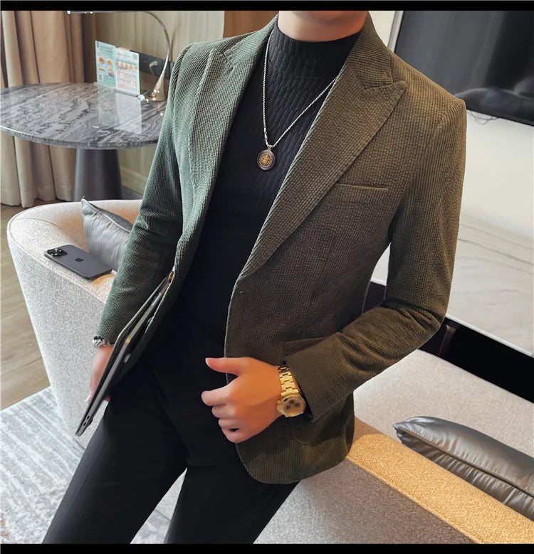 Men's Smart Casual Single Breasted Blazer – Spring Autumn Jacket in Green, Black & Coffee