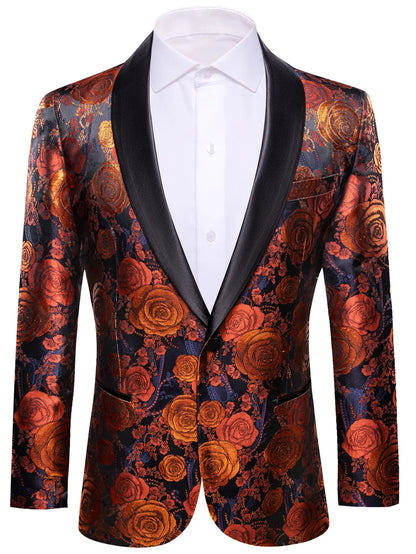 Vintage Brown Rose Pattern Mens Tuxedo Jacket, Satin Shawl Collar Slim Blazer for Banquet Host Wedding Party