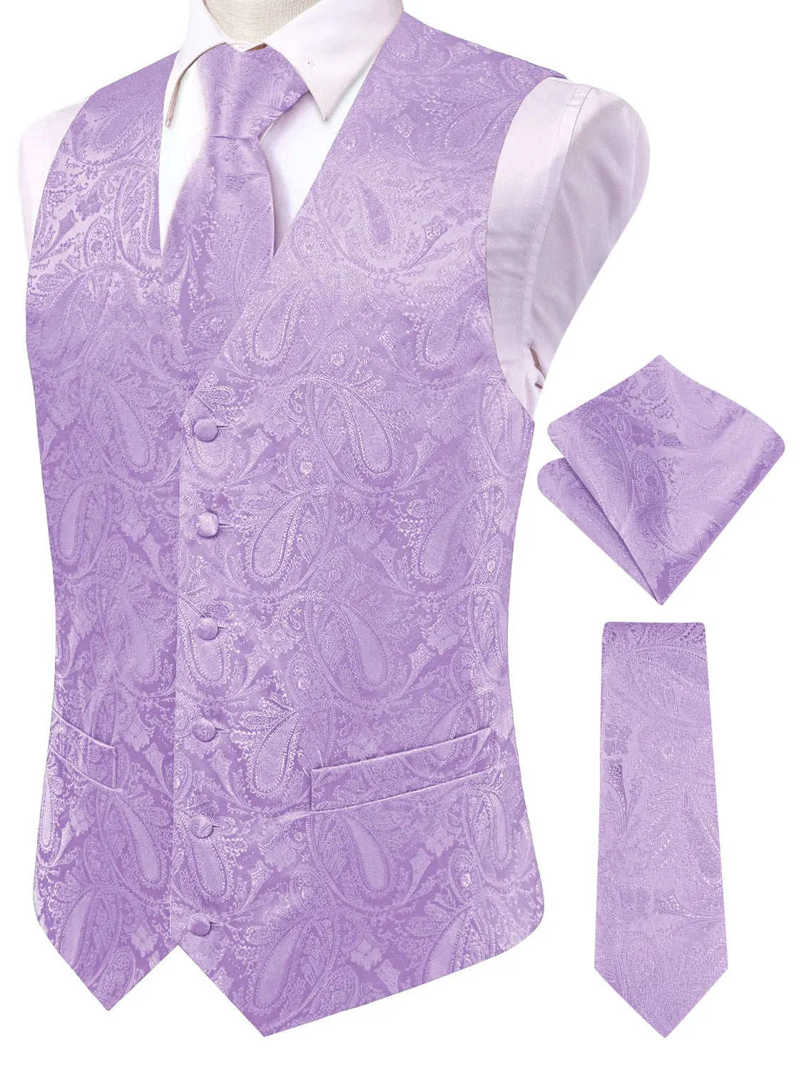 Men's Paisley Jacquard Suit Vest – V-Neck 6-Button Waistcoat with Tie & Pocket Square for Weddings