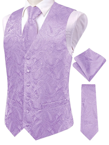 Men's Paisley Jacquard Suit Vest – V-Neck 6-Button Waistcoat with Tie & Pocket Square for Weddings
